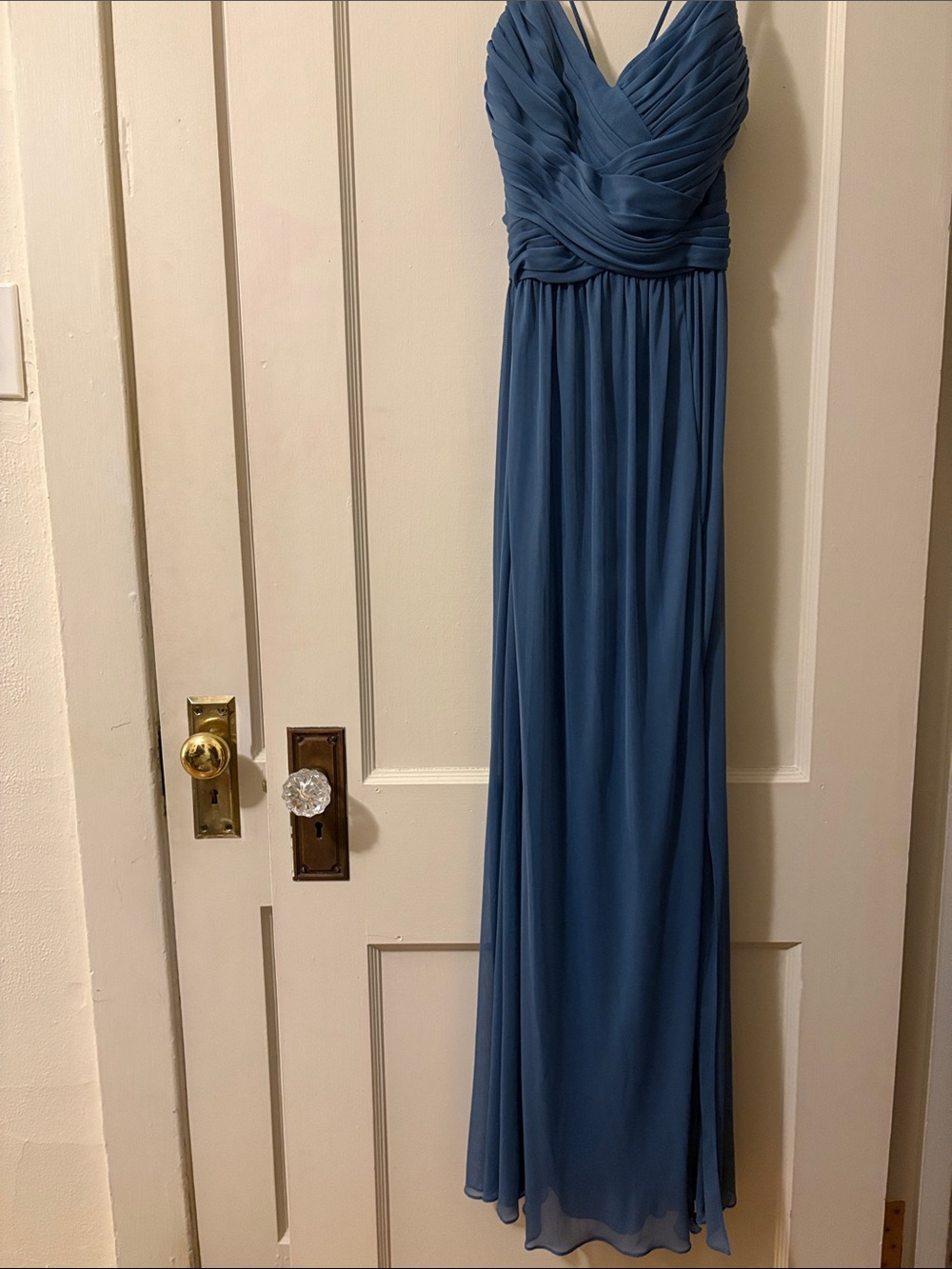 Blue V-Neck Pleated Maxi Dress - Elegant Evening Gown